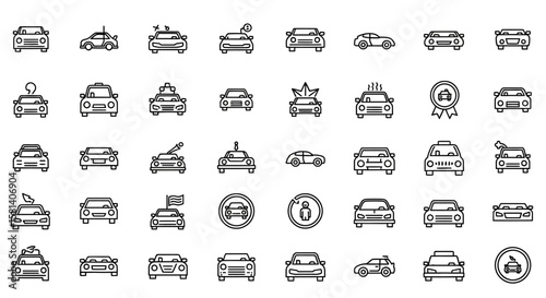 Set of Vector Icons Car Icon Set Outline Style Various Models and Features Black and White. Vector Illustrations. EPS Editable