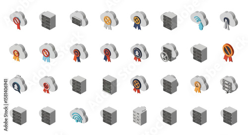 Set of Vector Icons Cloud Computing Icons with Server Racks and Certifications. Vector Illustrations. EPS Editable
