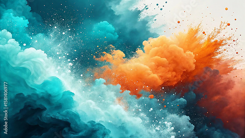 Vibrant turquoise and orange powder explosion with white particles against a light background