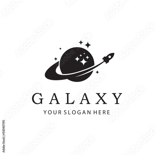 monochrome design of planet saturn with rocket isolated on white background