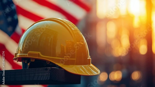 Construction worker’s yellow hard hat helmet with blurred American flag in the background. Symbolizing Labor Day, workers’ pride, and American workforce. Space for caption on the side.

