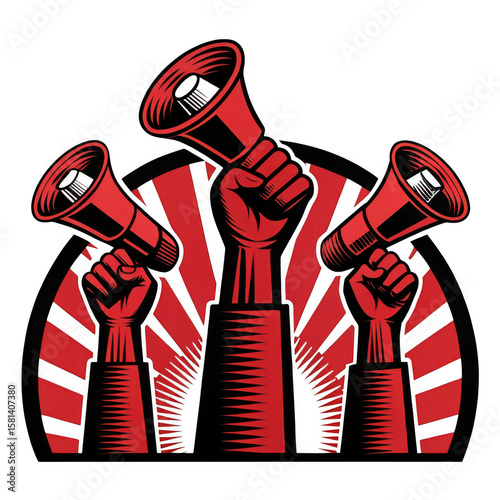 Protest announcement with megaphones isolated on transparent background