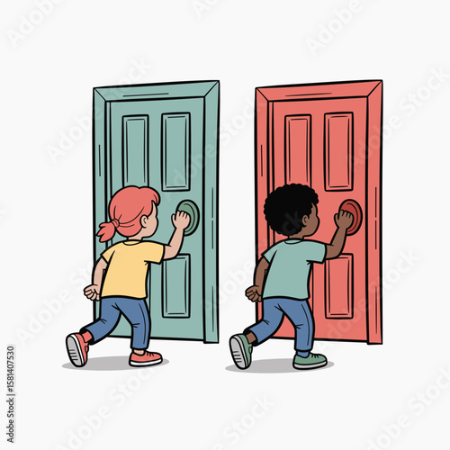Kids are knocking on colorful doors for candy, Halloween