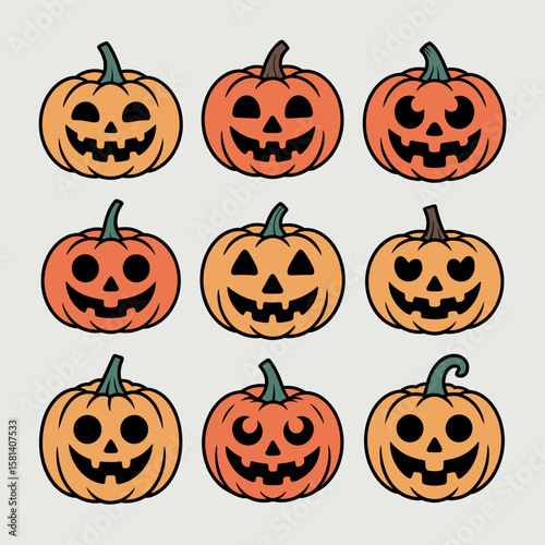 Nine hand-drawn Halloween pumpkins with various facial expressions  