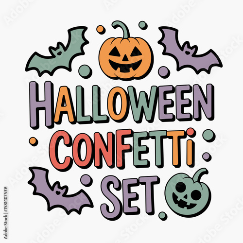 Halloween confetti set with pumpkins and bats in colorful design  