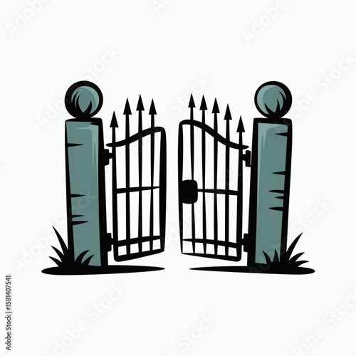 An open iron gate with sharp spikes and grass all around in a Halloween cemetery