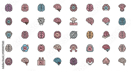 Set of Vector Icons Collection of Colorful Brain Icons Representing Artificial Intelligence Concepts. Vector Illustrations. EPS Editable