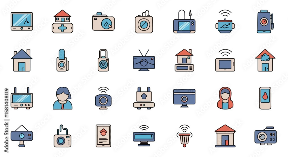 Fototapeta premium Set of Vector Icons Collection of Diverse Smart Home and Technology Icons in Flat Style. Vector Illustrations. EPS Editable