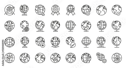 Set of Vector Icons Collection of Globe Icons Earth Representations with Various Symbols and Styles. Vector Illustrations. EPS Editable