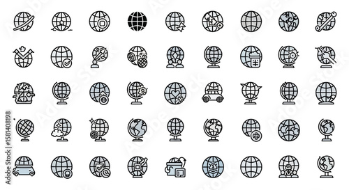 Set of Vector Icons Collection of Globe Icons with Various Symbols and Design Elements. Vector Illustrations. EPS Editable