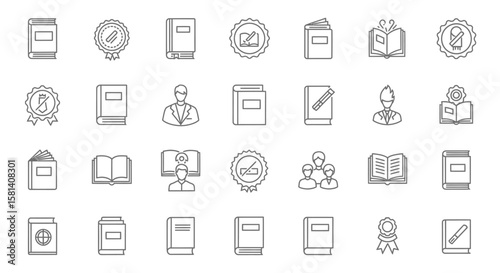 Set of Vector Icons Collection of Gray Line Art Icons Depicting Books People and Awards. Vector Illustrations. EPS Editable