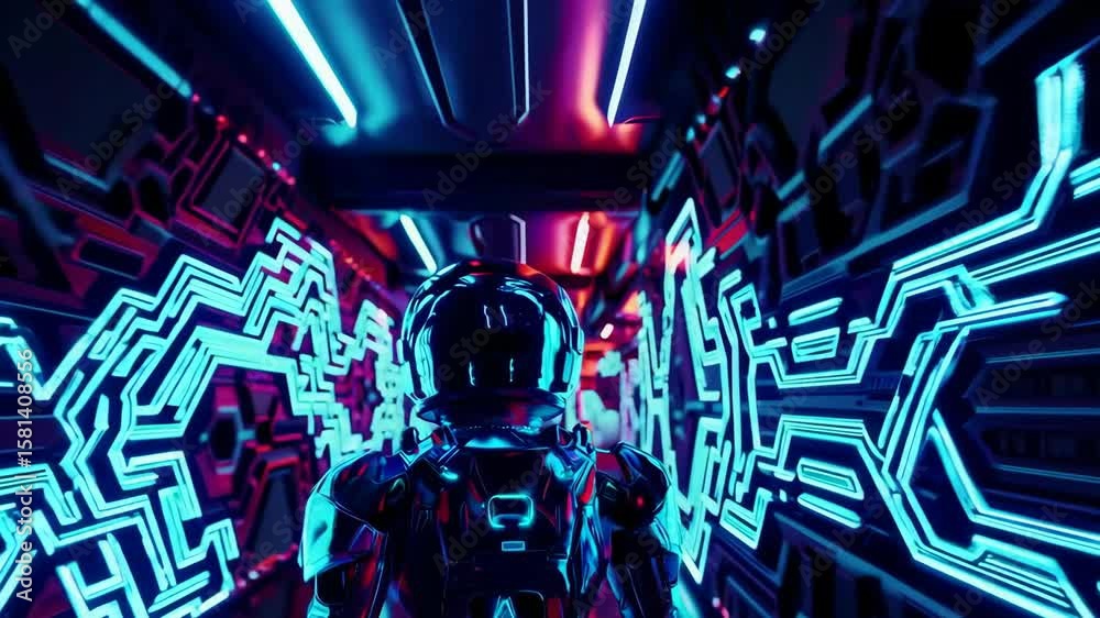 Futuristic journey of a cyborg through neonlit corridor of blue and red technology