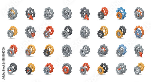 Set of Vector Icons Collection of Isometric Gears with Various Colors and Styles Isolated. Vector Illustrations. EPS Editable