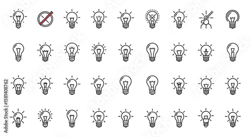 Set of Vector Icons Collection of Line Art Light Bulb Icons On Off Idea Symbols. Vector Illustrations. EPS Editable