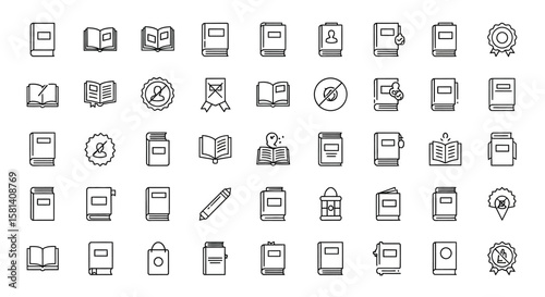 Set of Vector Icons Collection of Linear Book Icons with Various Attributes. Vector Illustrations. EPS Editable