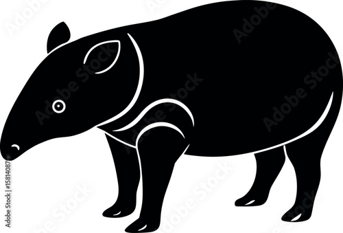 Detailed black tapir animal standing side view silhouette vector illustration