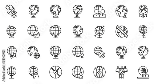 Set of Vector Icons Collection of Outline World Globe Icons with Various Actions and Symbols. Vector Illustrations. EPS Editable