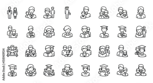 Set of Vector Icons Collection of Outline Style People Icons Families Graduates and Professionals. Vector Illustrations. EPS Editable