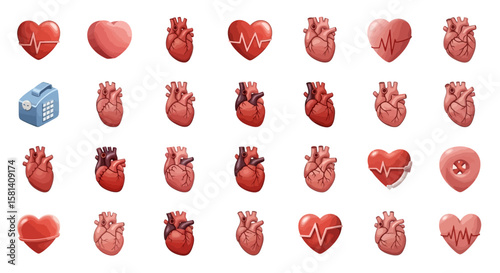 Set of Vector Icons Collection of Stylized Human Hearts in Various Anatomical and Cartoon Styles. Vector Illustrations. EPS Editable