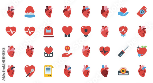 Set of Vector Icons Collection of Various Heart Icons Representing Health Love and Anatomy. Vector Illustrations. EPS Editable
