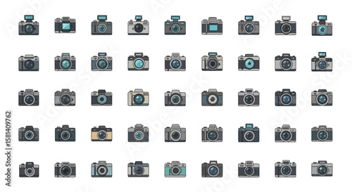 Set of Vector Icons Collection of VintageStyle 35mm Film Cameras with Flash. Vector Illustrations. EPS Editable