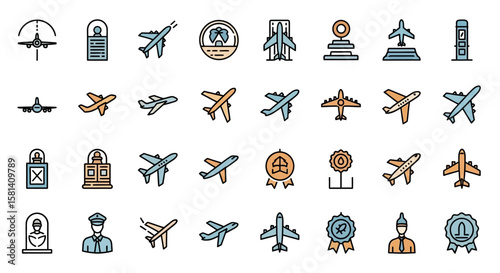 Set of Vector Icons Colorful Airplane Icons Various Aircraft Designs Outlines and Vector Illustrations. Vector Illustrations. EPS Editable