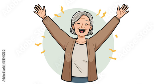 Happy Elderly Woman Smiling and Raising Hands