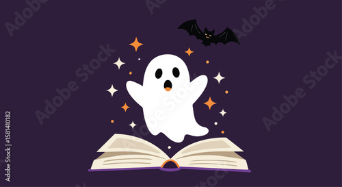 Magical Halloween Ghost Rising from Book with Bat and Sparkles

