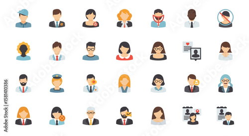 Set of Vector Icons Diverse Flat Design People Avatars Professional Social and Restricted Access Icons. Vector Illustrations. EPS Editable