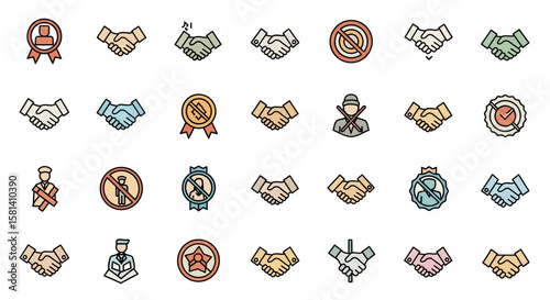Set of Vector Icons Diverse Handshake Icon Set Collaboration Agreement and Restrictions Visualized. Vector Illustrations. EPS Editable
