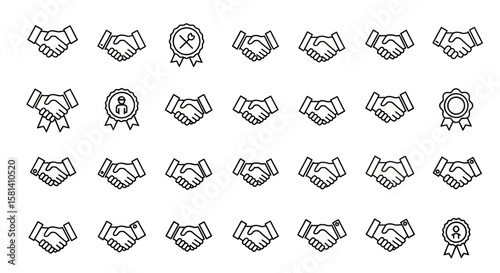 Set of Vector Icons Handshake and Award Icons Black and White Outline Style. Vector Illustrations. EPS Editable