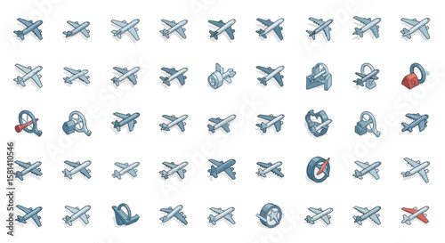 Set of Vector Icons Isometric Airplane Icons Collection of Various Airplane Illustrations and Designs. Vector Illustrations. EPS Editable