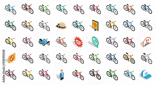 Set of Vector Icons Isometric Bicycle Collection Colorful Vector Illustrations of Various Bicycle Designs. Vector Illustrations. EPS Editable