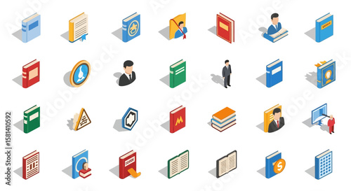 Set of Vector Icons Isometric Books Collection Diverse Styles Colors and Designs for Education and Knowledge. Vector Illustrations. EPS Editable