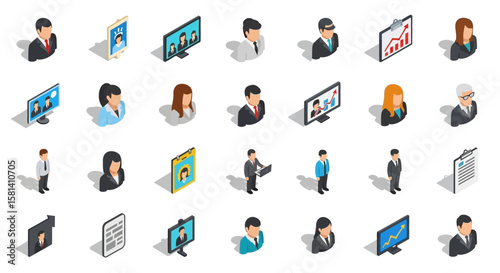 Set of Vector Icons Isometric Business People Icons Diverse Professionals in Various Poses. Vector Illustrations. EPS Editable