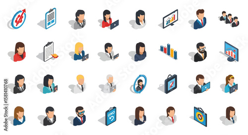 Set of Vector Icons Isometric Business People Icons Diverse Professionals with Laptops and Documents. Vector Illustrations. EPS Editable
