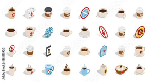 Set of Vector Icons Isometric Coffee Cup and ToGo Cups Collection with Steam and Designs. Vector Illustrations. EPS Editable