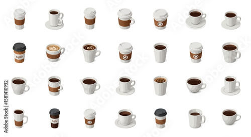 Set of Vector Icons Isometric Coffee Cups and Takeaway Containers Assortment Various Styles and Designs. Vector Illustrations. EPS Editable