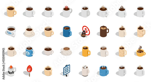 Set of Vector Icons Isometric Coffee Cups Collection Assorted Colors Steam and Designs. Vector Illustrations. EPS Editable