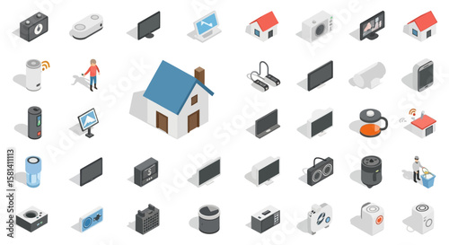 Set of Vector Icons Isometric House with Blue Roof and Brown Door Illustration. Vector Illustrations. EPS Editable