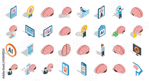 Set of Vector Icons Isometric Human Brains Anatomical Pink Veined Cerebral Medical Neurological Intelligence Cognitive Thinking Learning Memory Health. Vector Illustrations. EPS Editable