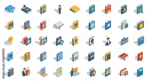 Set of Vector Icons Isometric Illustrations of Various Books with Diverse Covers and Styles. Vector Illustrations. EPS Editable