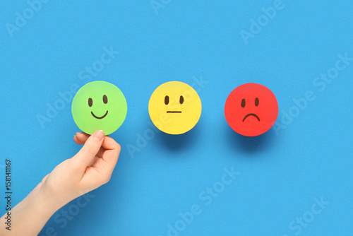 Woman with rating smiles on...
