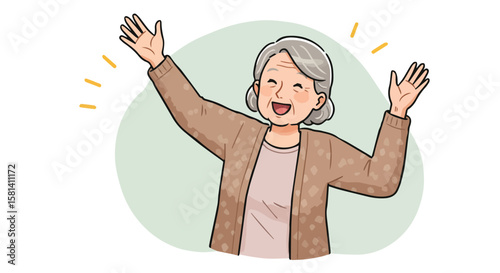 Happy Elderly Woman Smiling and Raising Hands