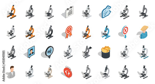Set of Vector Icons Isometric Microscopes Scientific Instruments in Various Colors and Styles. Vector Illustrations. EPS Editable