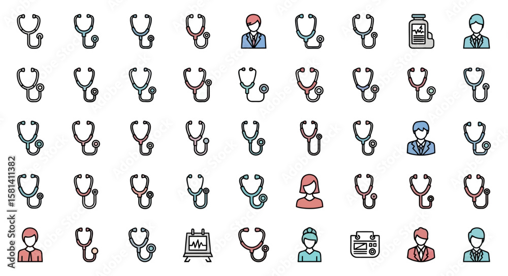 Naklejka premium Set of Vector Icons Medical Icons Stethoscope Doctor Medicine and EKG Monitor in Flat Design. Vector Illustrations. EPS Editable