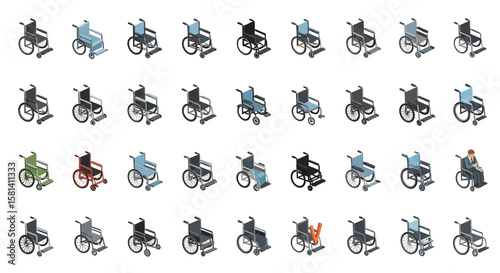Set of Vector Icons Isometric Wheelchair Collection Diverse Colors and Styles for Mobility and Assistance. Vector Illustrations. EPS Editable