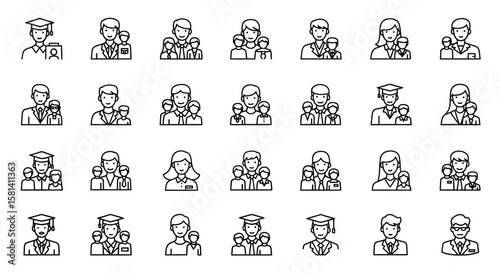 Set of Vector Icons Line Art Icons of People Families and Graduates in Black and White. Vector Illustrations. EPS Editable