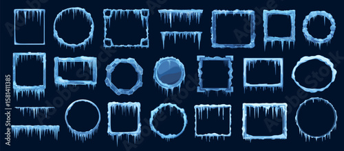 Square and round ice snow frames. Cartoon frozen empty borders circle shape with icicles and snow caps. Christmas decoration vector elements