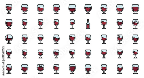 Set of Vector Icons Wine Glasses and Bottle Icons Red Wine Collection with Black Outlines. Vector Illustrations. EPS Editable